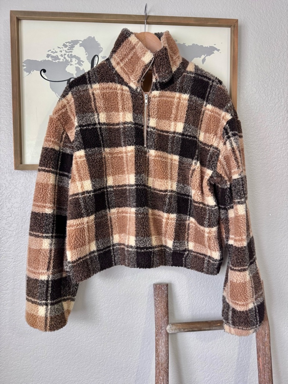 ZAFUL BROWN PLAID TEDDY 3/4 ZIP PULLOVER VGUC